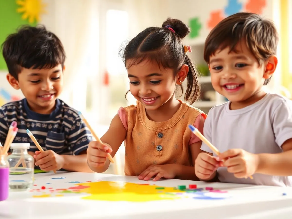 Pre-primary children painting during an art and craft class at AMM Public School